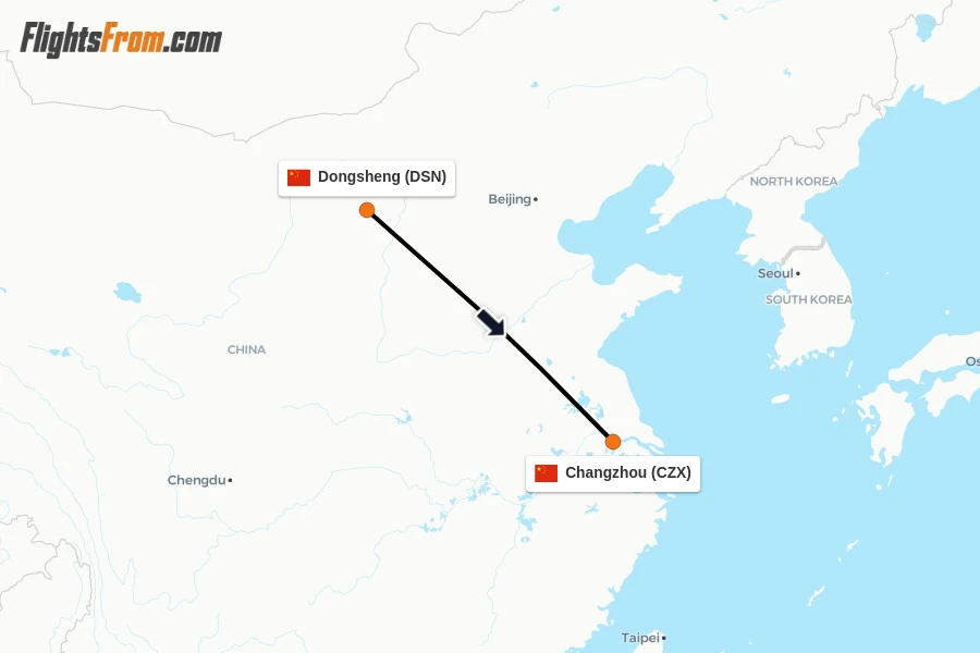 Flights from Dongsheng to Changzhou route map