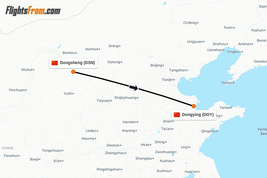Flights from Dongsheng to Dongying route map