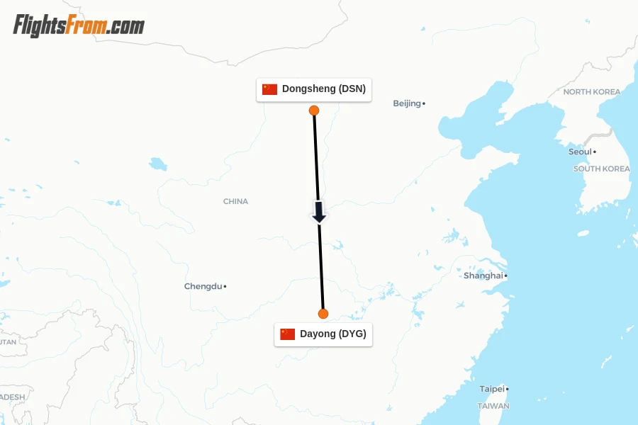 Flights from Dongsheng to Dayong route map