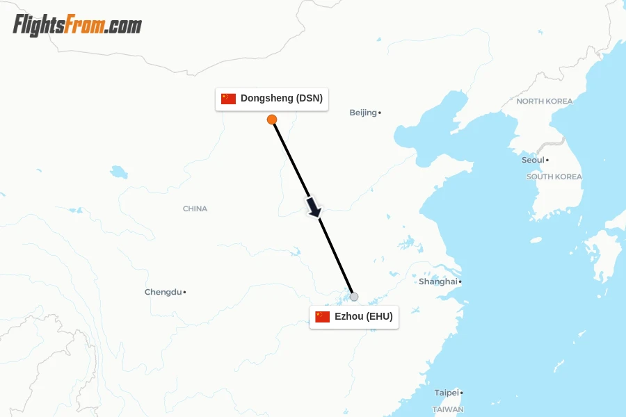 Flights from Dongsheng to Ezhou route map