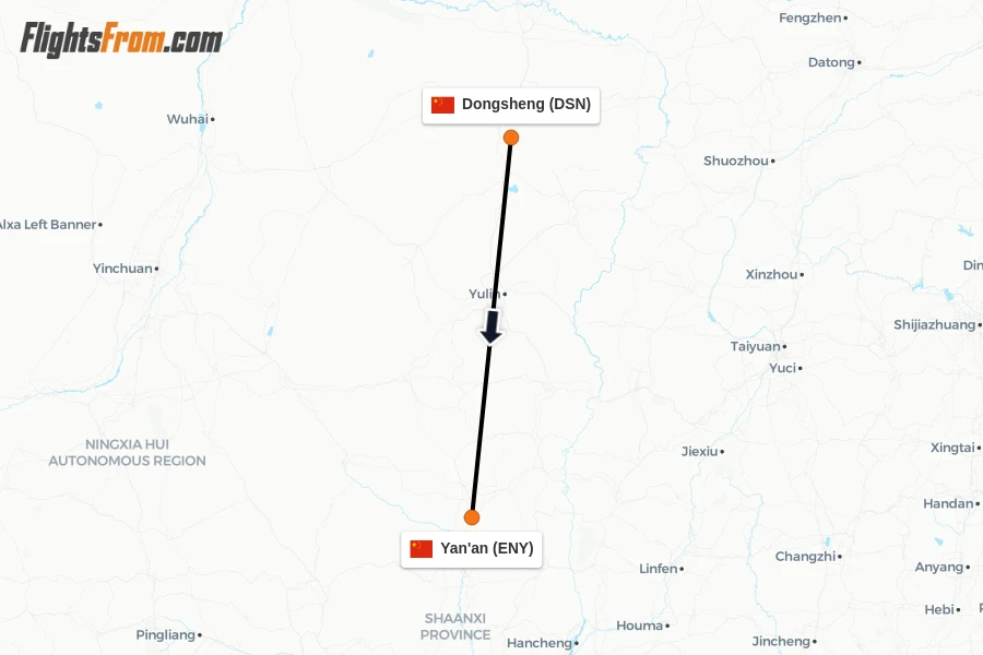 Flights from Dongsheng to Yan'an route map