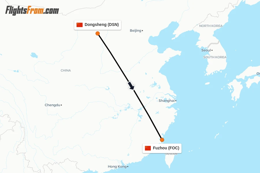Flights from Dongsheng to Fuzhou route map