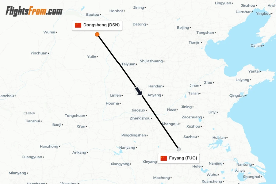 Flights from Dongsheng to Fuyang route map
