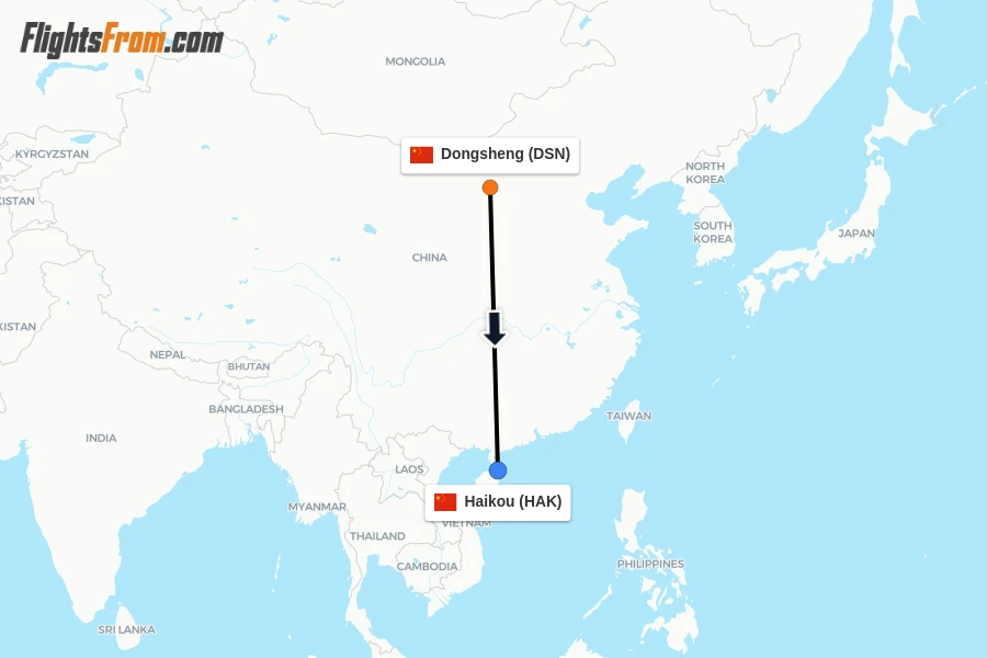 Flights from Dongsheng to Haikou route map