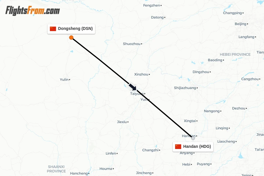 Flights from Dongsheng to Handan route map