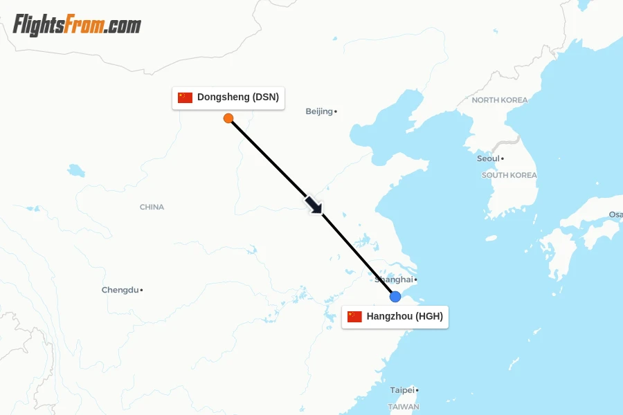Flights from Dongsheng to Hangzhou route map