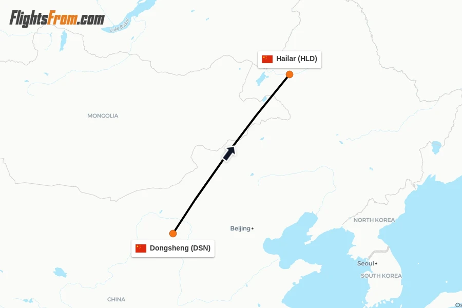 Flights from Dongsheng to Hailar route map