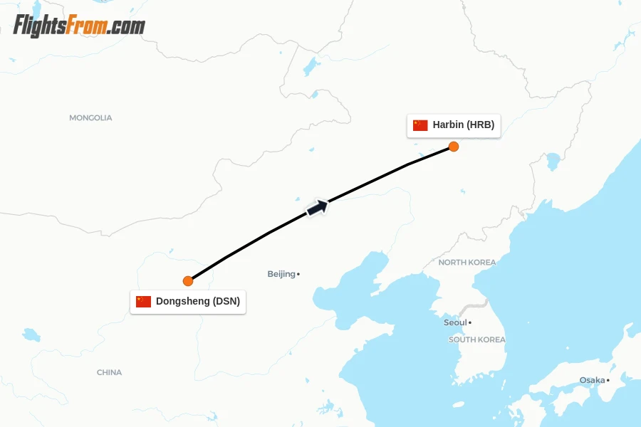 Flights from Dongsheng to Harbin route map