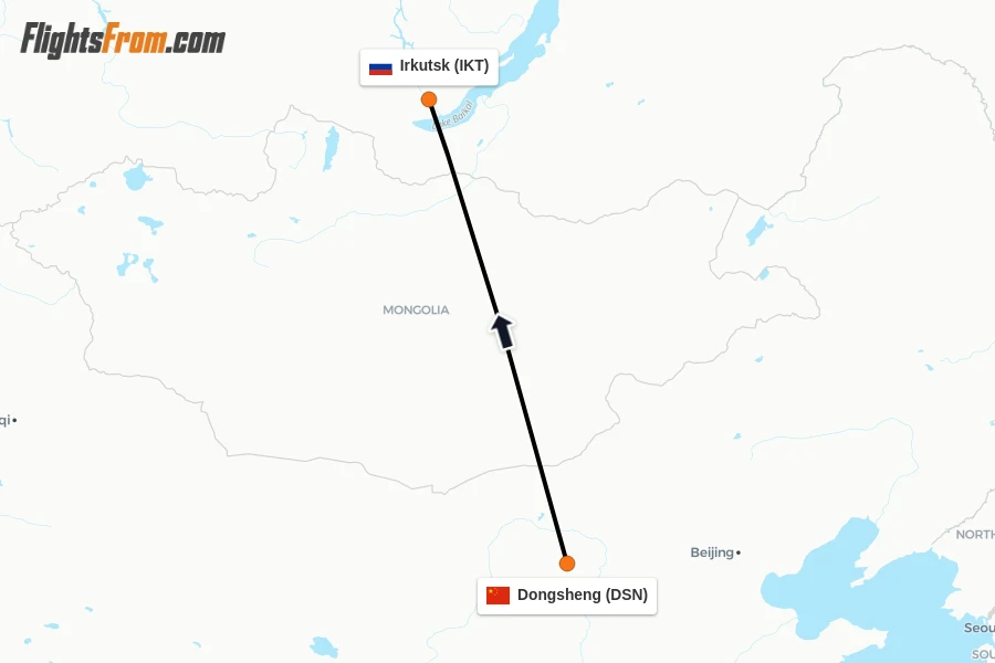 Flights from Dongsheng to Irkutsk route map