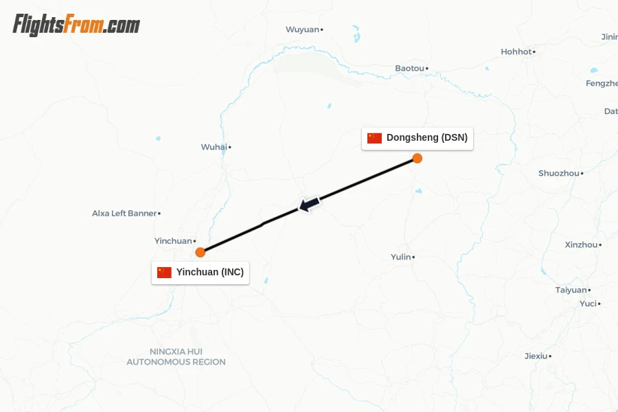 Flights from Dongsheng to Yinchuan route map