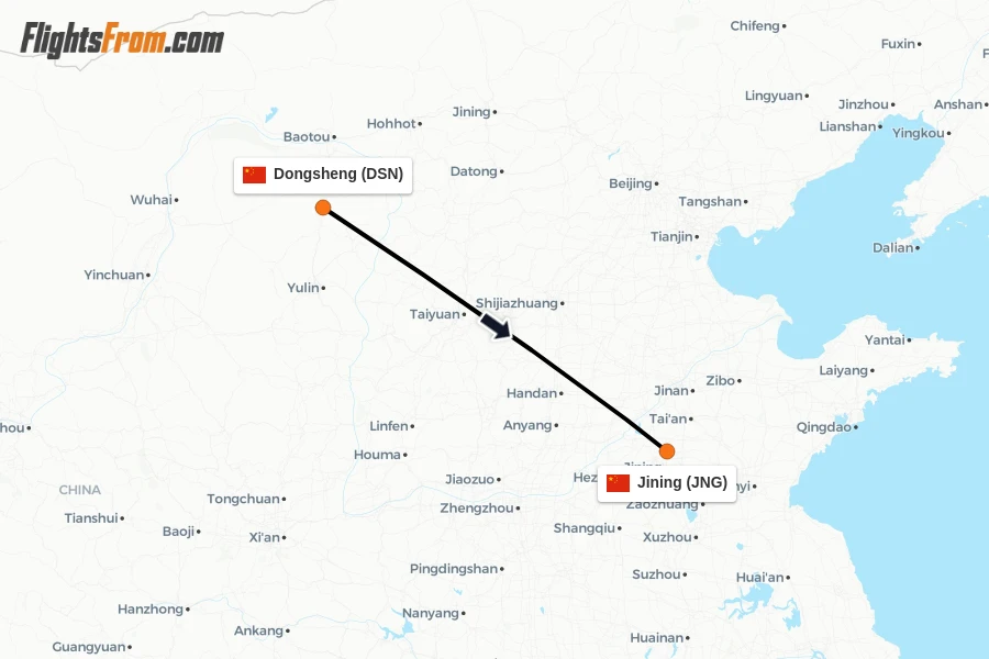 Flights from Dongsheng to Jining route map