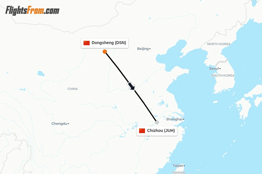 Flights from Dongsheng to Chizhou route map