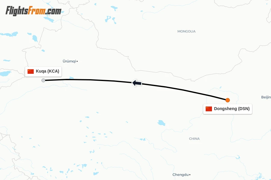 Flights from Dongsheng to Kuqa route map