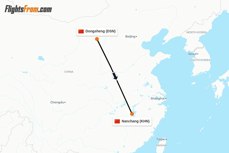 Flights from Dongsheng to Nanchang route map