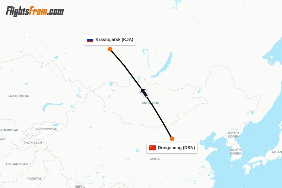 Flights from Dongsheng to Krasnojarsk route map