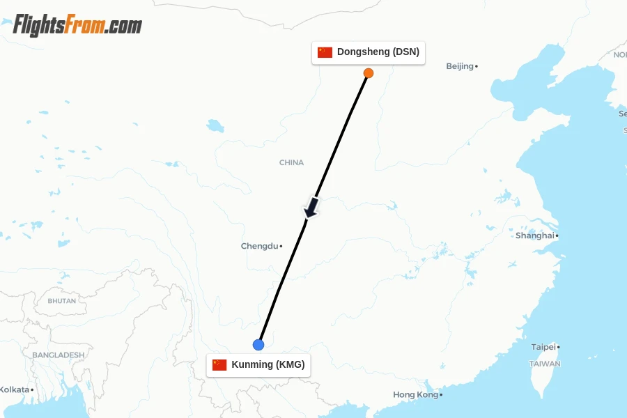Flights from Dongsheng to Kunming route map