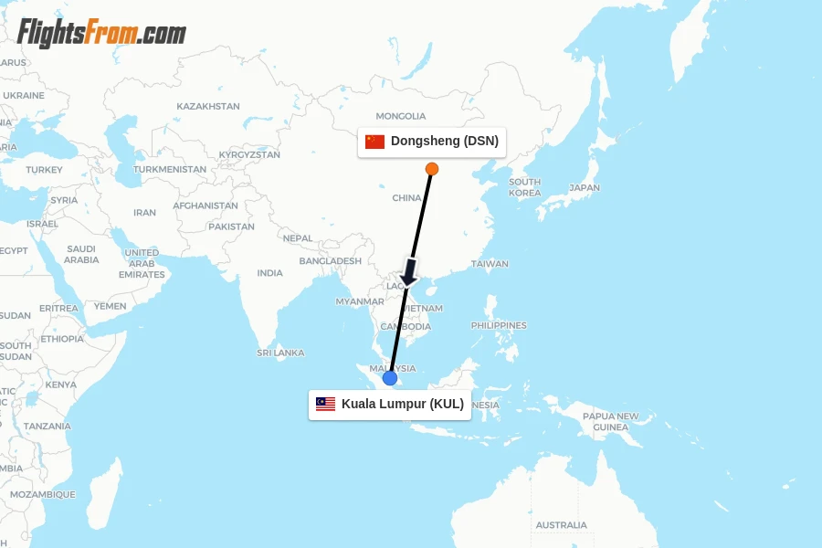 Flights from Dongsheng to Kuala Lumpur route map