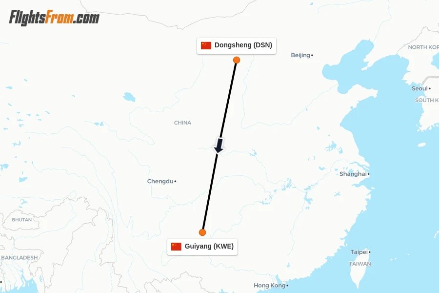 Flights from Dongsheng to Guiyang route map