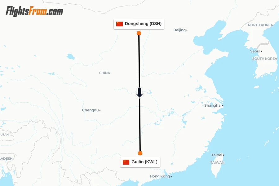 Flights from Dongsheng to Guilin route map