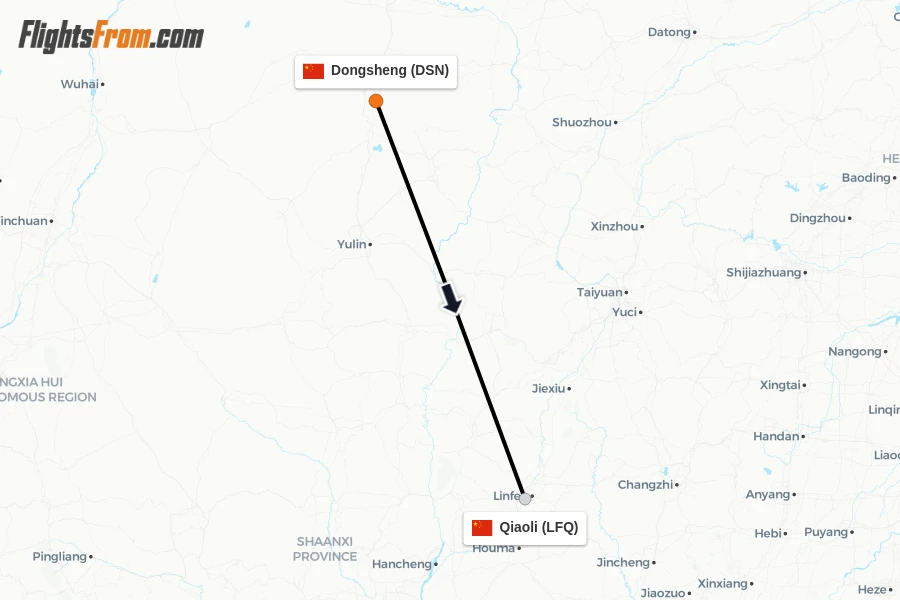 Flights from Dongsheng to Qiaoli route map