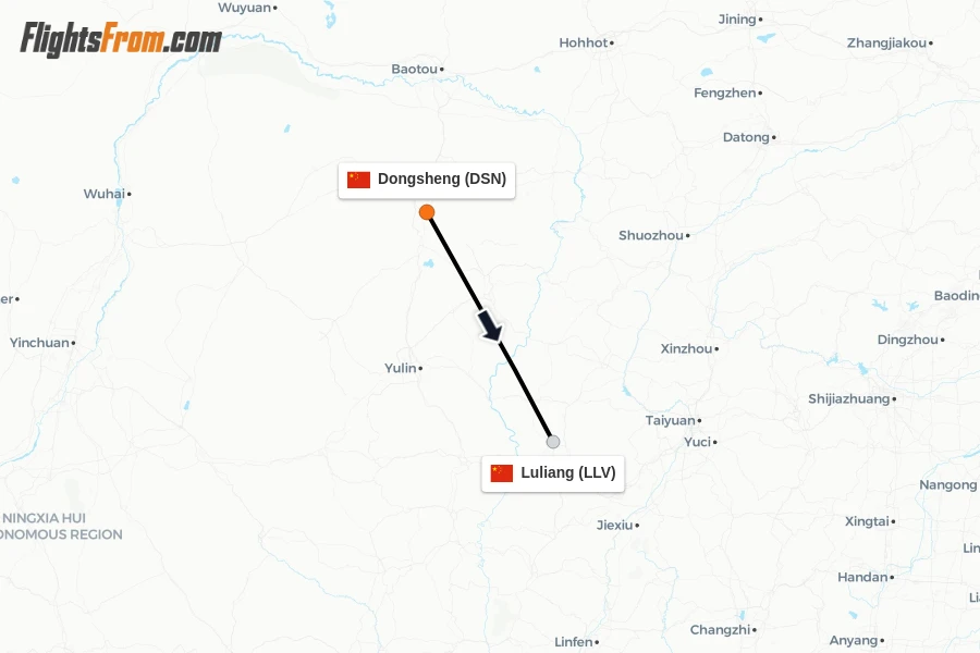 Flights from Dongsheng to Luliang route map