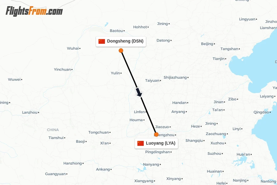 Flights from Dongsheng to Luoyang route map