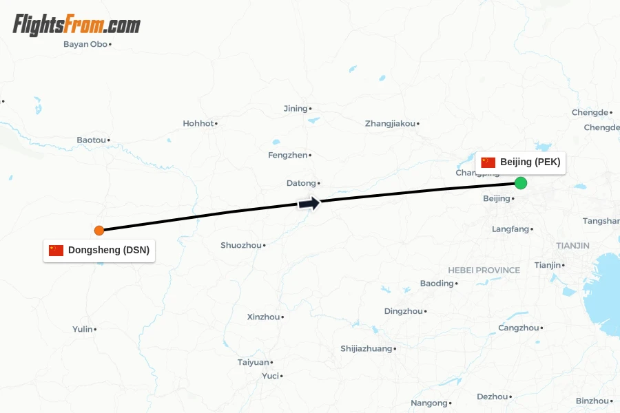 Flights from Dongsheng to Beijing route map