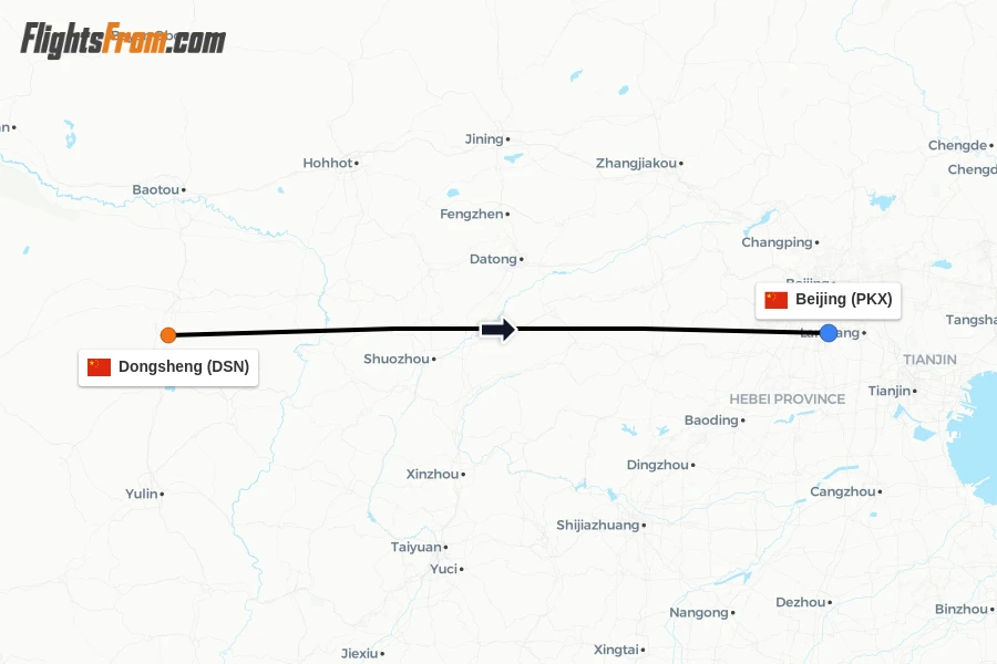 Flights from Dongsheng to Beijing route map