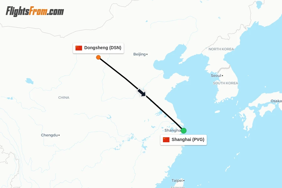 Flights from Dongsheng to Shanghai route map