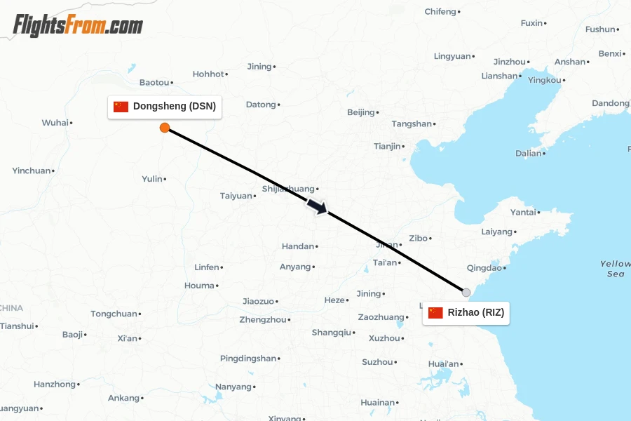 Flights from Dongsheng to Rizhao route map