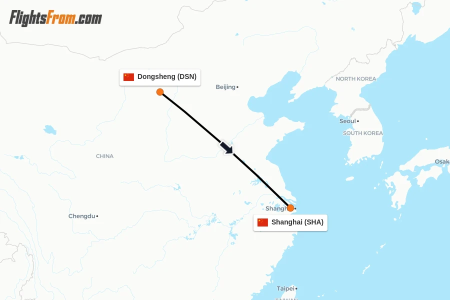 Flights from Dongsheng to Shanghai route map
