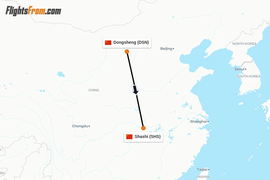 Flights from Dongsheng to Shashi route map