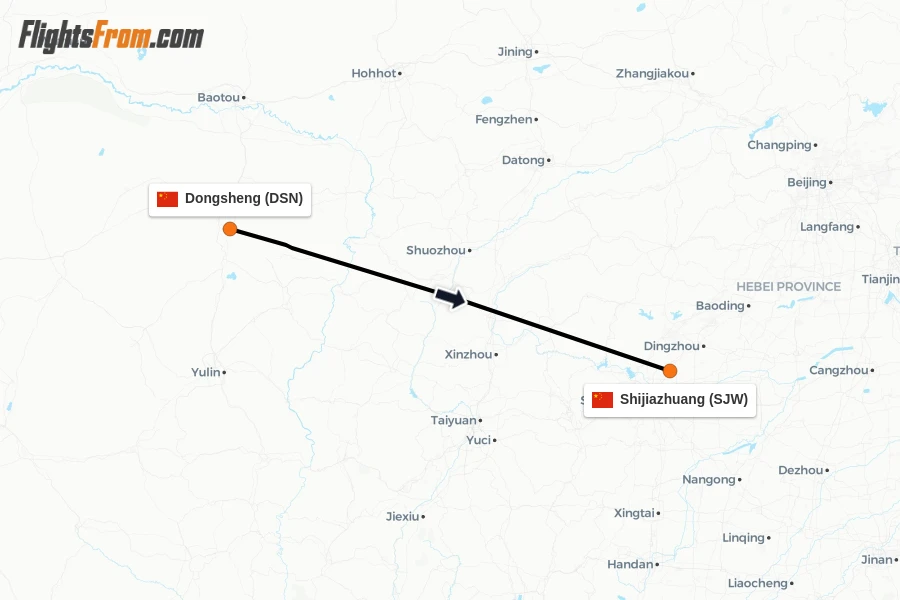 Flights from Dongsheng to Shijiazhuang route map