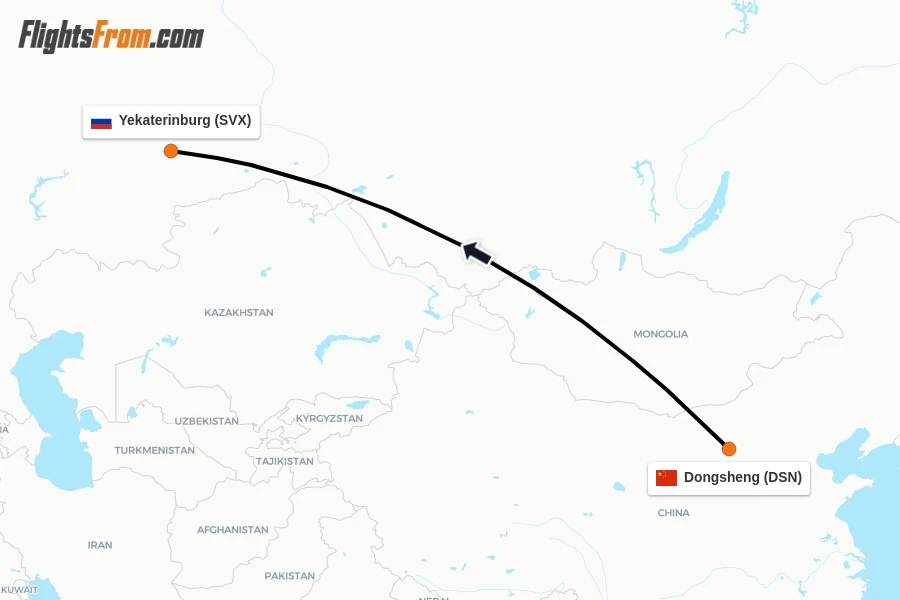 Flights from Dongsheng to Yekaterinburg route map