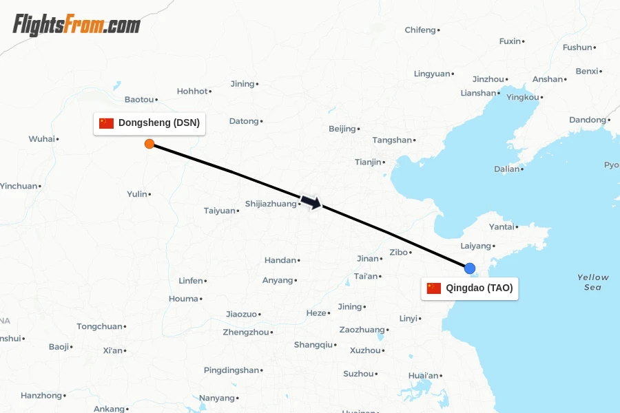Flights from Dongsheng to Qingdao route map