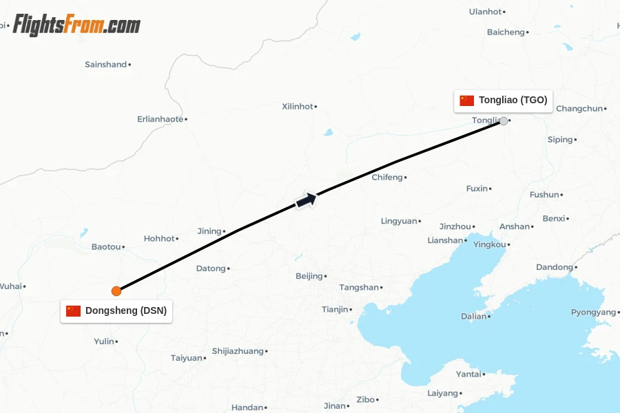 Flights from Dongsheng to Tongliao route map