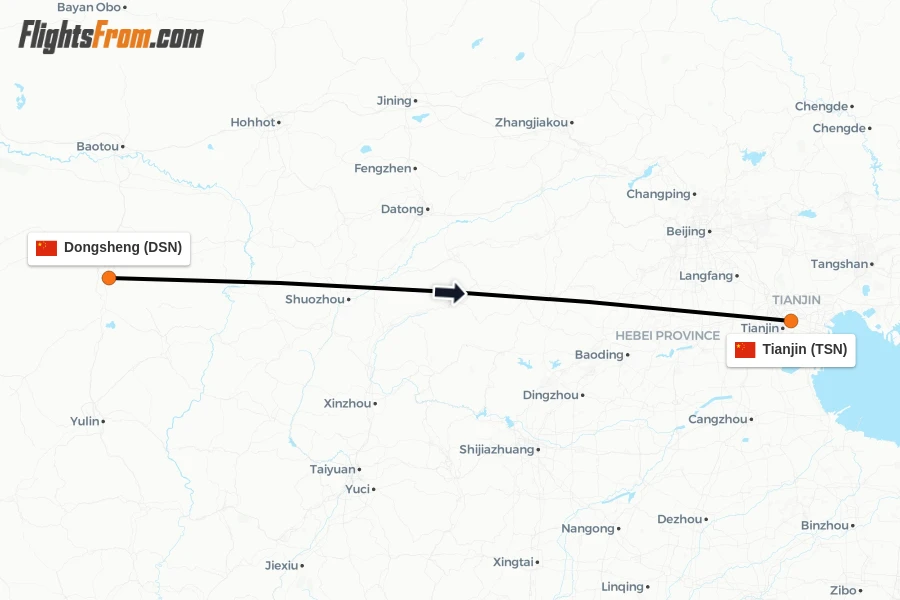 Flights from Dongsheng to Tianjin route map