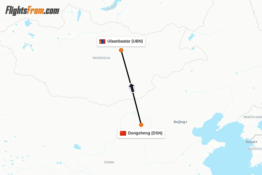 Flights from Dongsheng to Ulaanbaatar route map
