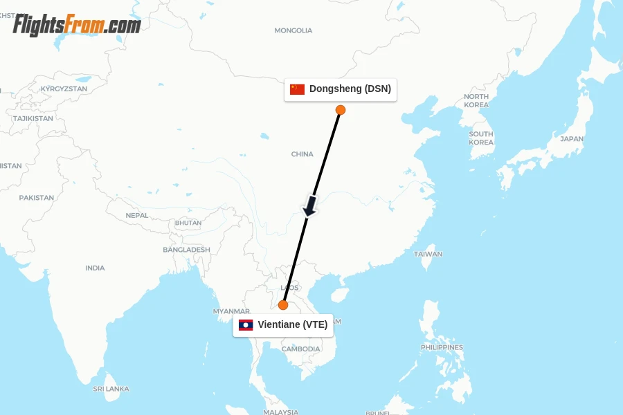 Flights from Dongsheng to Vientiane route map
