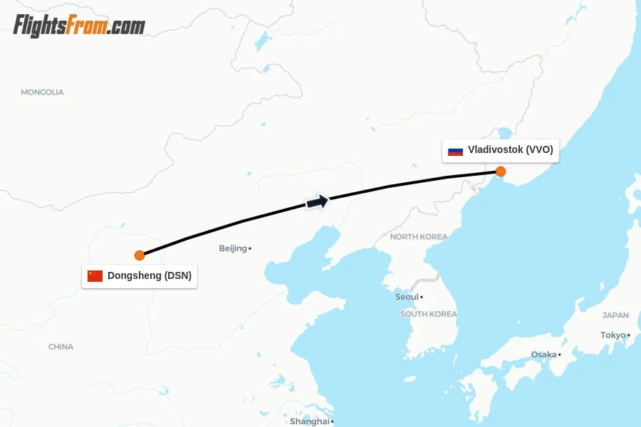Flights from Dongsheng to Vladivostok route map