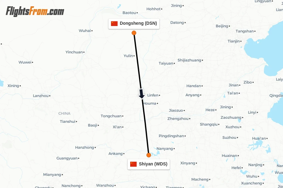 Flights from Dongsheng to Shiyan route map