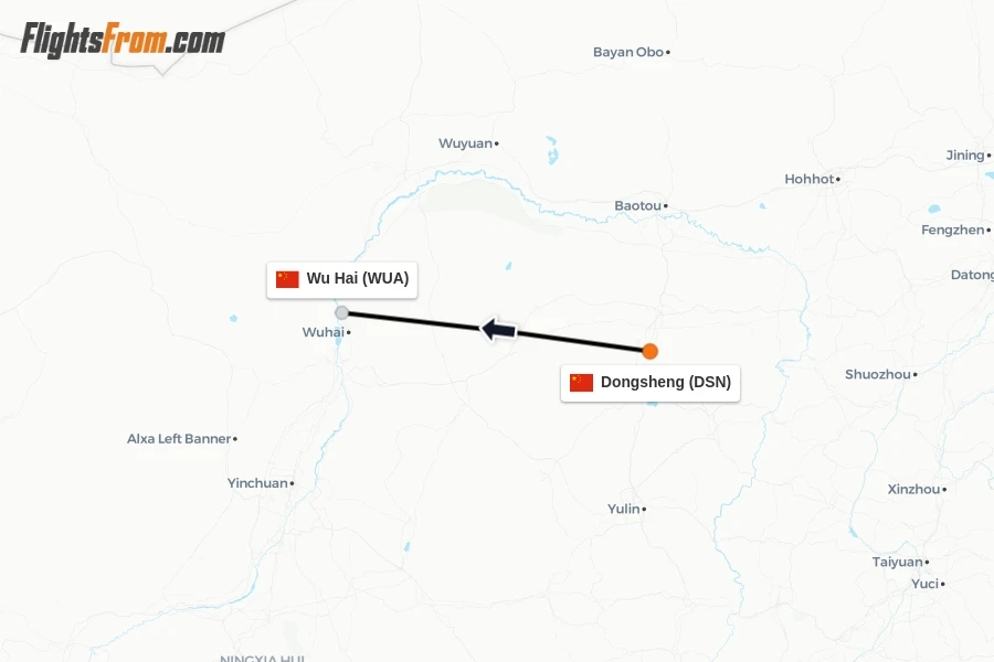 Flights from Dongsheng to Wu Hai route map
