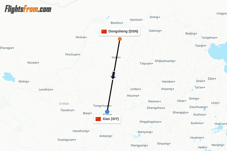 Flights from Dongsheng to Xian route map