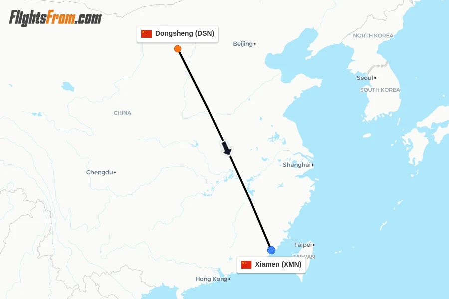 Flights from Dongsheng to Xiamen route map
