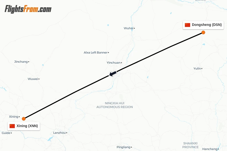 Flights from Dongsheng to Xining route map