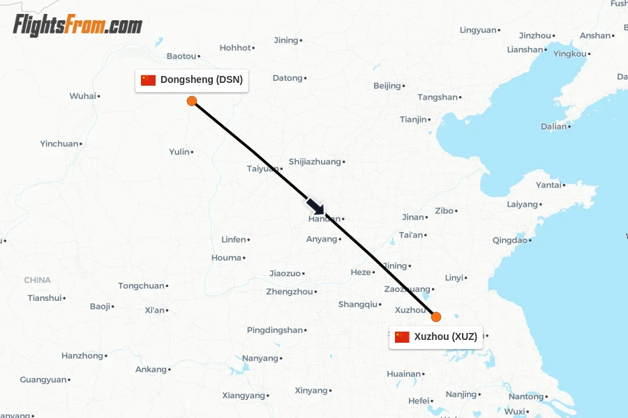 Flights from Dongsheng to Xuzhou route map