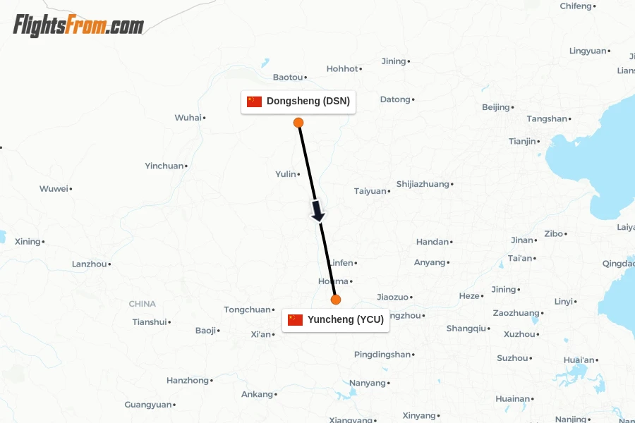 Flights from Dongsheng to Yuncheng route map