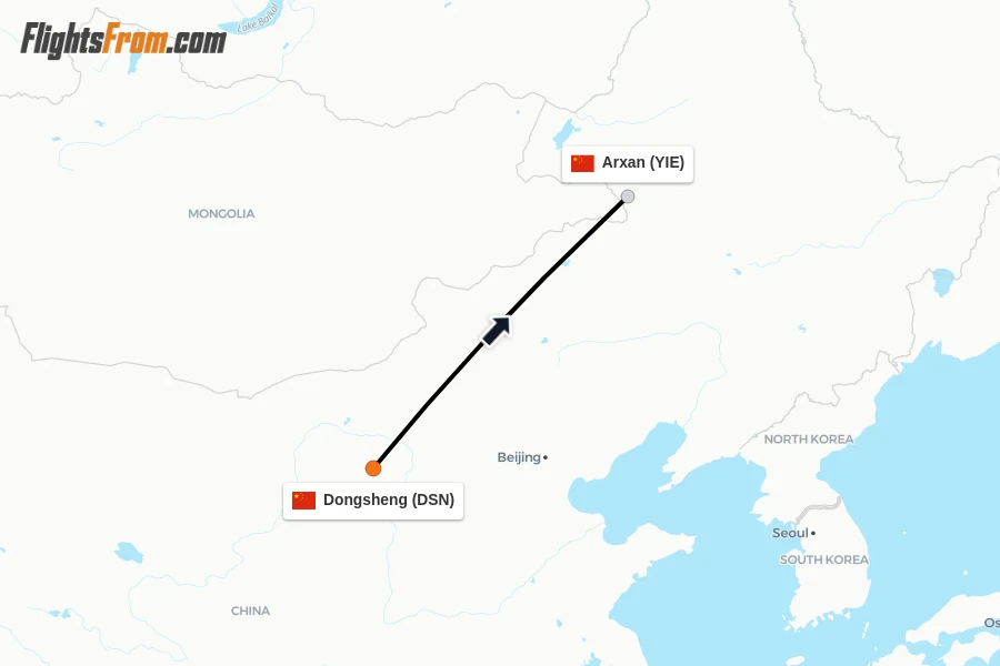 Flights from Dongsheng to Arxan route map