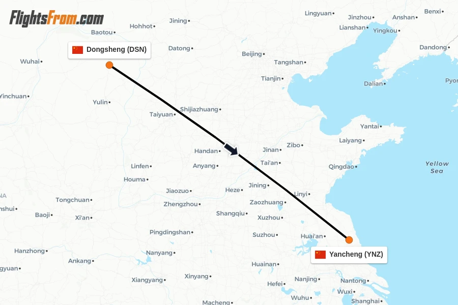 Flights from Dongsheng to Yancheng route map
