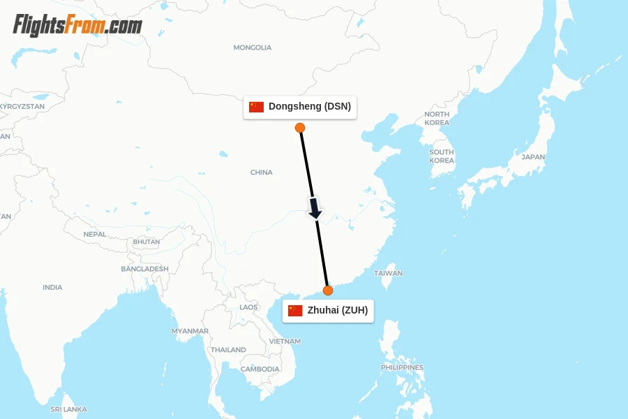 Flights from Dongsheng to Zhuhai route map